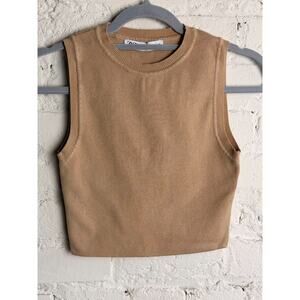 Zara Knit Crop Tank Top Beige Sleeveless Ribbed Minimalist Womens M Summer